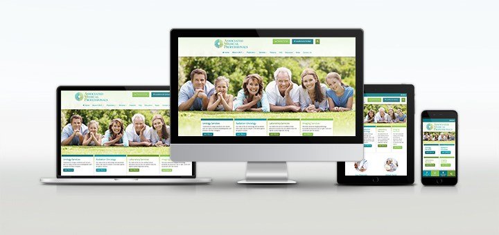 Various computers and mobile devices all with the same website demonstrating how websites convert to various screen sizes